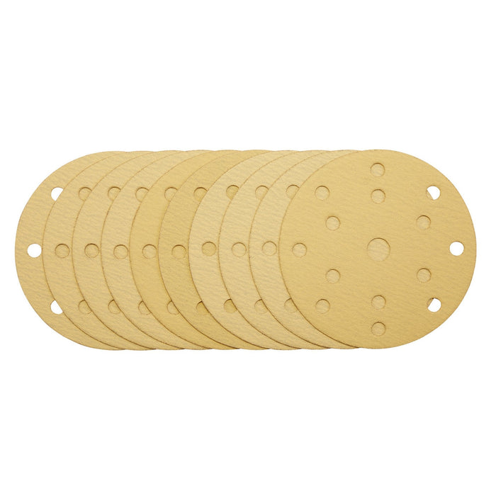Gold-Sanding-Discs-with-Hook-&-Loop,-150mm,-120-Grit,-15-Dust-Extraction-Holes-(Pack-of-10)
