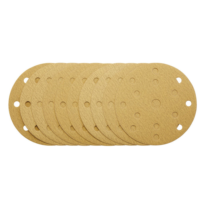 Gold-Sanding-Discs-with-Hook-&-Loop,-150mm,-180-Grit,-15-Dust-Extraction-Holes-(Pack-of-10)