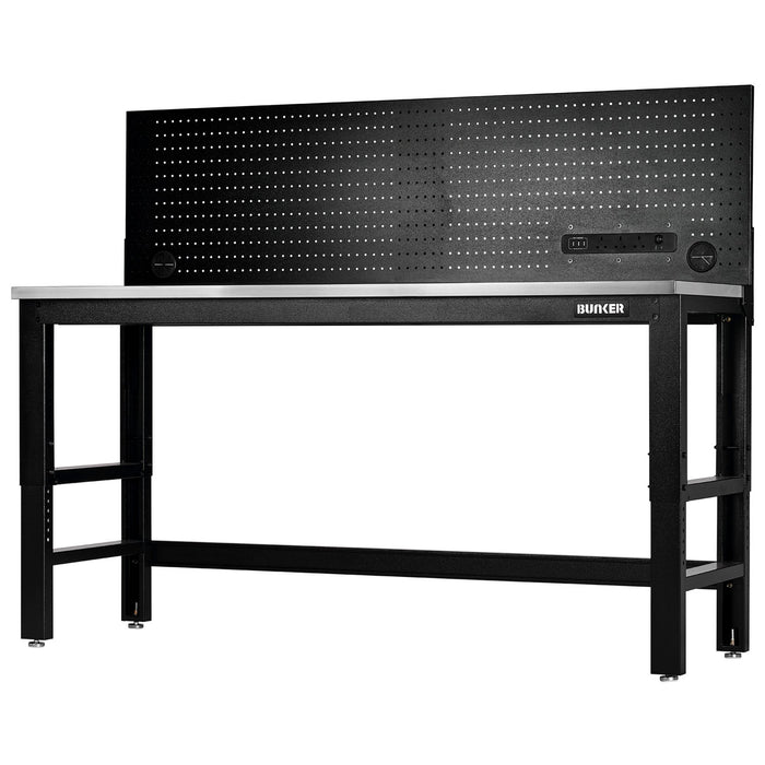 BUNKER®-Workbench-with-Stainless-Steel-Worktop-and-Power-Pegboard,-1830mm