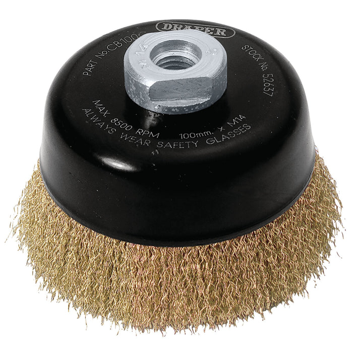Draper-Expert-Brassed-Steel-Crimped-Wire-Cup-Brush,-100mm,-M14