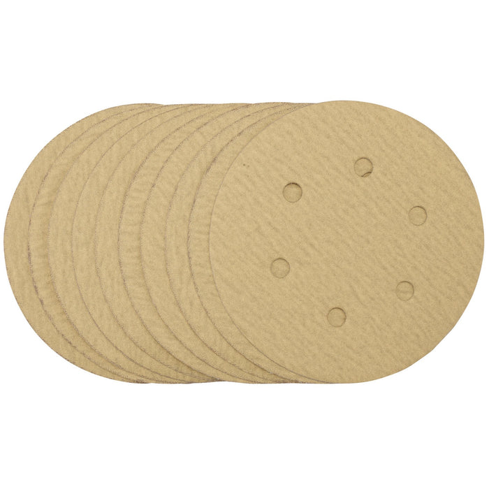 Gold-Sanding-Discs-with-Hook-&-Loop,-150mm,-180-Grit,-6-Dust-Extraction-Holes-(Pack-of-10)