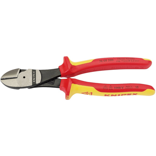 KNIPEX-74-08-200UKSBE-VDE-Fully-Insulated-High-Leverage-Diagonal-Side-Cutters,-200mm