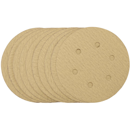Gold-Sanding-Discs-with-Hook-&-Loop,-150mm,-180-Grit,-6-Dust-Extraction-Holes-(Pack-of-10)