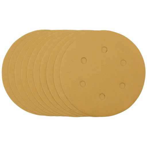 Gold-Sanding-Discs-with-Hook-&-Loop,-150mm,-320-Grit,-6-Dust-Extraction-Holes-(Pack-of-10)