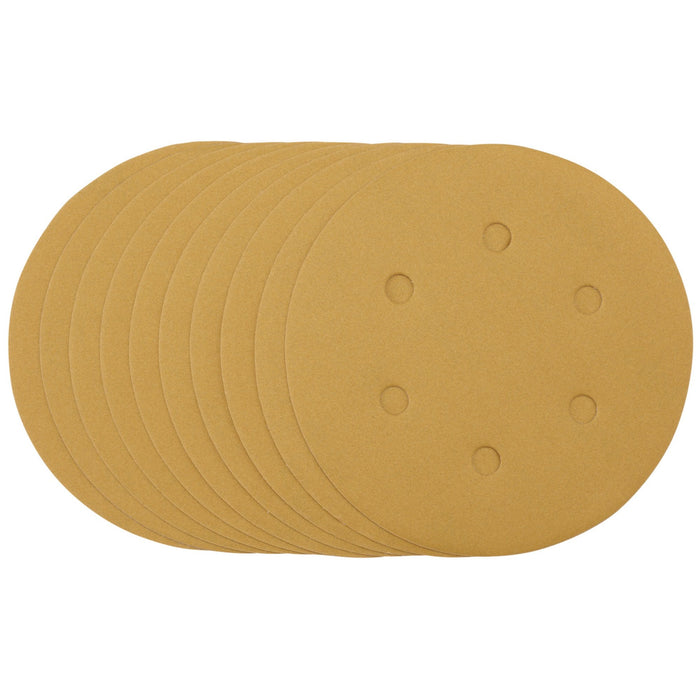 Gold-Sanding-Discs-with-Hook-&-Loop,-150mm,-320-Grit,-6-Dust-Extraction-Holes-(Pack-of-10)