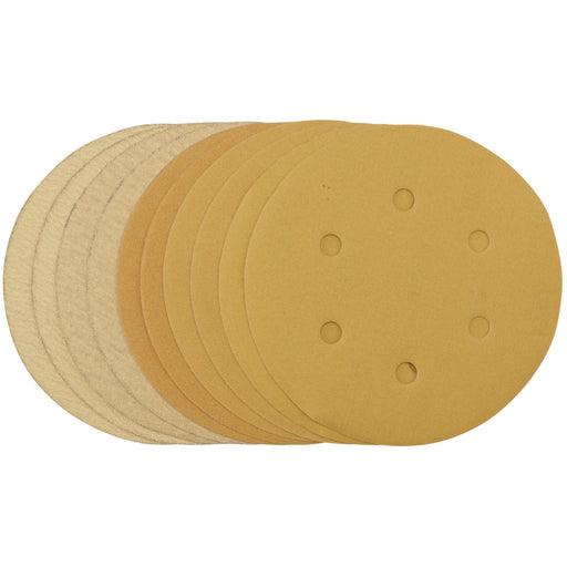 Gold-Sanding-Discs-with-Hook-&-Loop,-150mm,-Assorted-Grit---120G,-180G,-240G,-320G,-400G,-6-Dust-Extraction-Holes-(Pack-of-10)