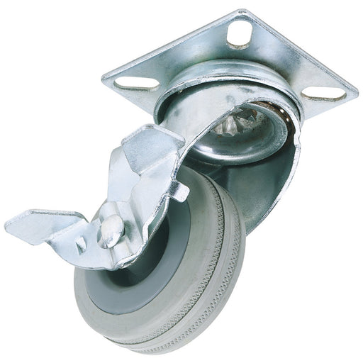 Swivel-Plate-Fixing-Rubber-Castor-with-Brake,-50mm-Diameter,-S.W.L.-50kg