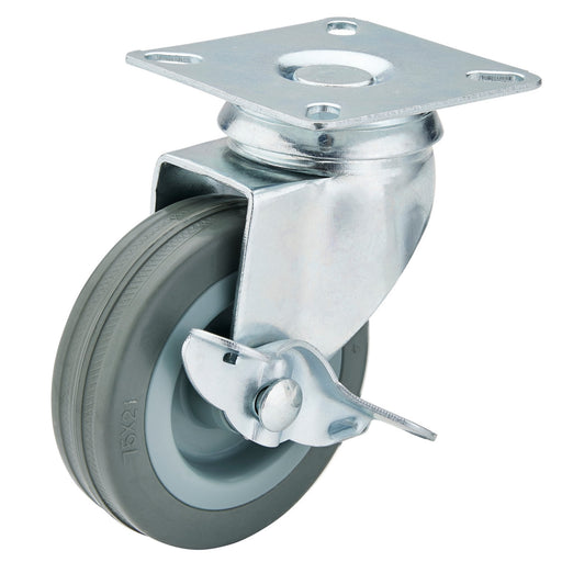 Swivel-Plate-Fixing-Rubber-Castor-with-Brake,-75mm-Diameter,-S.W.L.-70kg